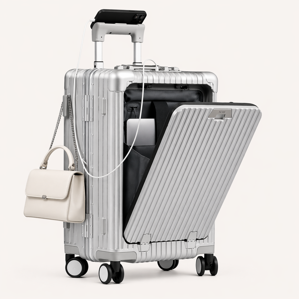 Valise cabine rigide aluminium élégante business avec compartiment frontal ordinateur, porte-gobelet et chargeur intégré