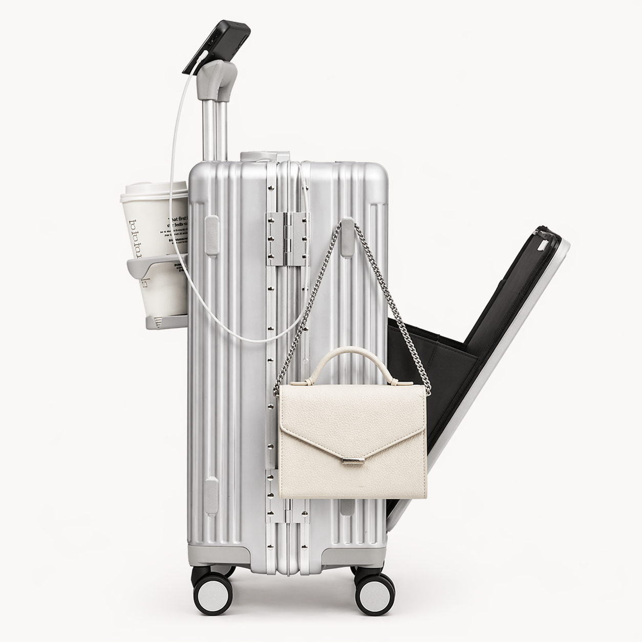 Valise cabine rigide aluminium élégante business avec compartiment frontal ordinateur, porte-gobelet et chargeur intégré