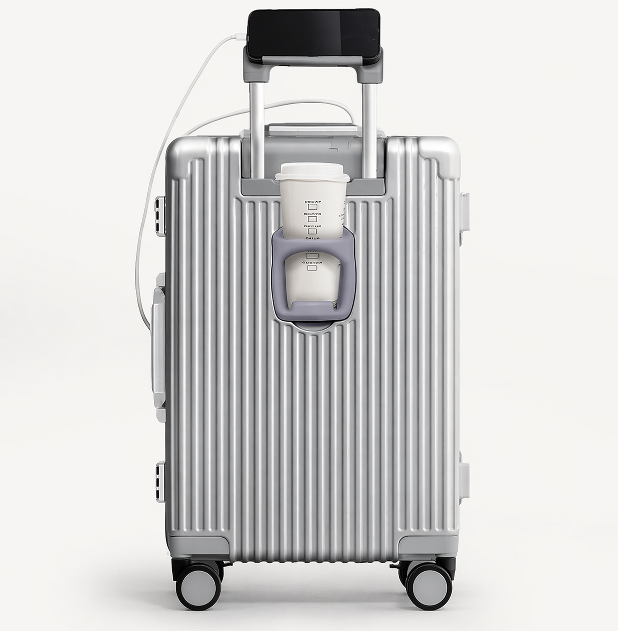 Valise cabine rigide aluminium élégante business avec compartiment frontal ordinateur, porte-gobelet et chargeur intégré