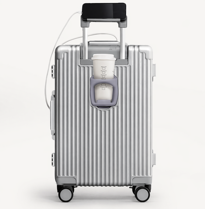 Valise cabine rigide aluminium élégante business avec compartiment frontal ordinateur, porte-gobelet et chargeur intégré