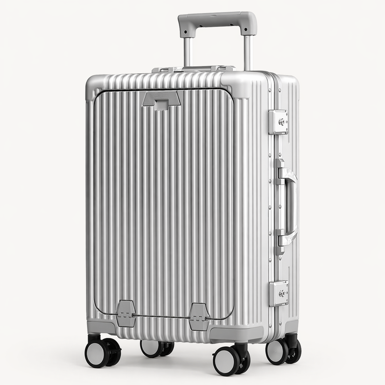 Valise cabine rigide aluminium élégante business avec compartiment frontal ordinateur, porte-gobelet et chargeur intégré