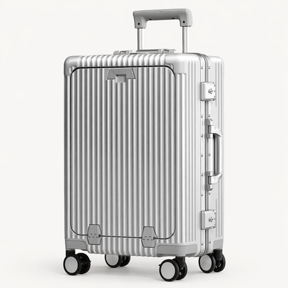 Valise cabine rigide aluminium élégante business avec compartiment frontal ordinateur, porte-gobelet et chargeur intégré