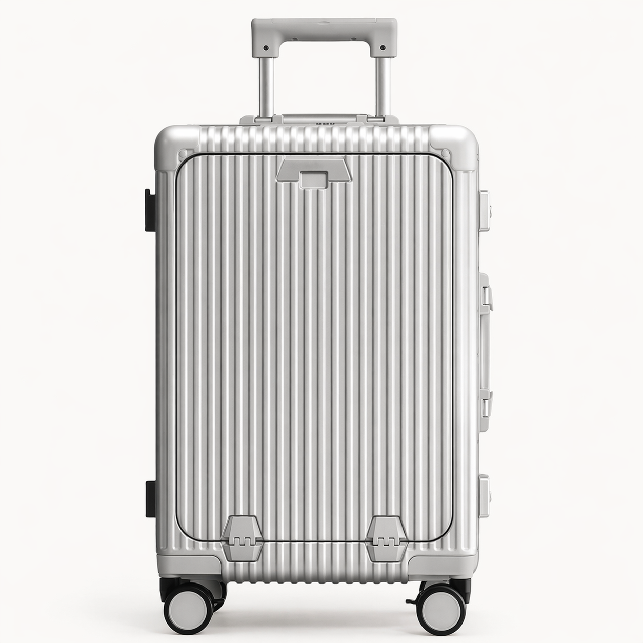 Valise cabine rigide aluminium élégante business avec compartiment frontal ordinateur, porte-gobelet et chargeur intégré