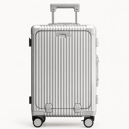 Valise cabine rigide aluminium élégante business avec compartiment frontal ordinateur, porte-gobelet et chargeur intégré