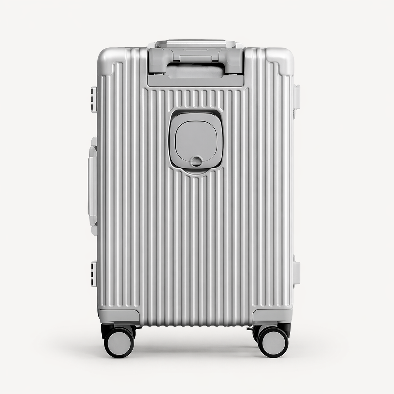 Valise cabine rigide aluminium élégante business avec compartiment frontal ordinateur, porte-gobelet et chargeur intégré