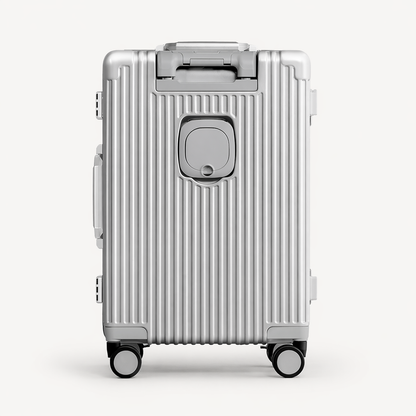 Valise cabine rigide aluminium élégante business avec compartiment frontal ordinateur, porte-gobelet et chargeur intégré
