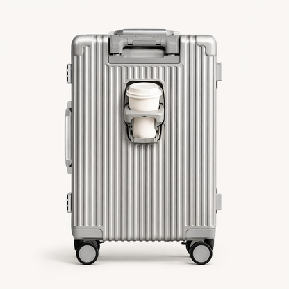 Valise cabine rigide aluminium élégante business avec compartiment frontal ordinateur, porte-gobelet et chargeur intégré